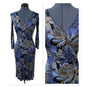 Vtg Rena Lange Blue Floral Jersey Faux Wrap Midi Bodycon Dress Wedding Boho 4